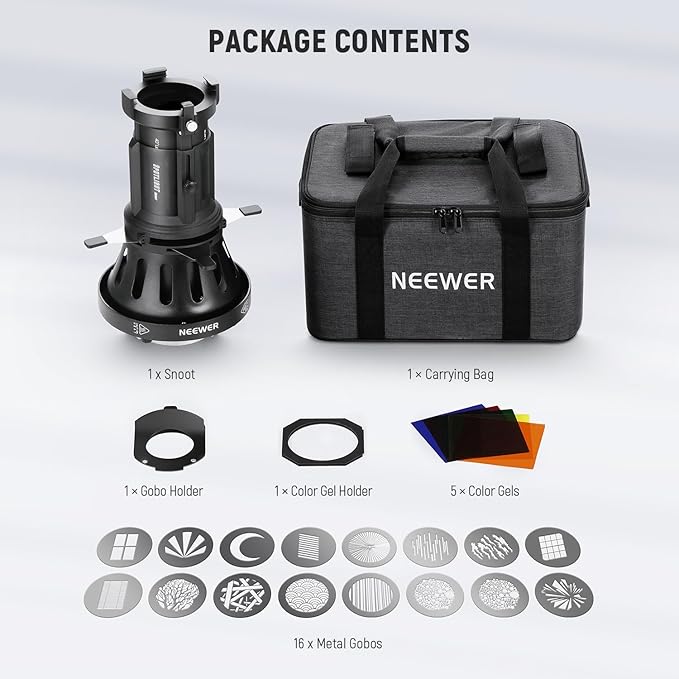 NEEWER Spotlight Snoot with 40° Projection Lens, Adjustable Focus, 16 Metal Gobos 5 Color Gels, Bag, Conical Snoot for Bowens Mount LED Continuous Output Lighting Studio Video Light Up to 300W, LS-38