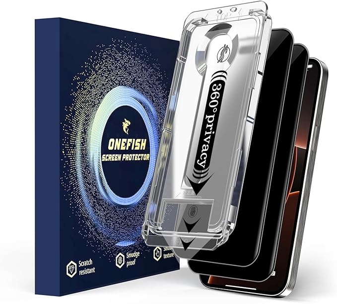 OneFish 2 Pack Privacy Screen Protector for iPhone 15 Pro Max - 4-Way 360° Anti-Spy Tempered Glass, 9H Hardness, 3D Curved Edges, Case-Friendly & Easy Installation