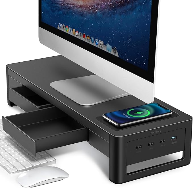 meatanty 3 In 1 Monitor Stand Riser with 2 Drawers,1 Wireless Charging Module and 4 USB Ports,Metal Computer Stand Support Transfer Data & Charging,Desk Organizer for PC,iMac (21 inches)