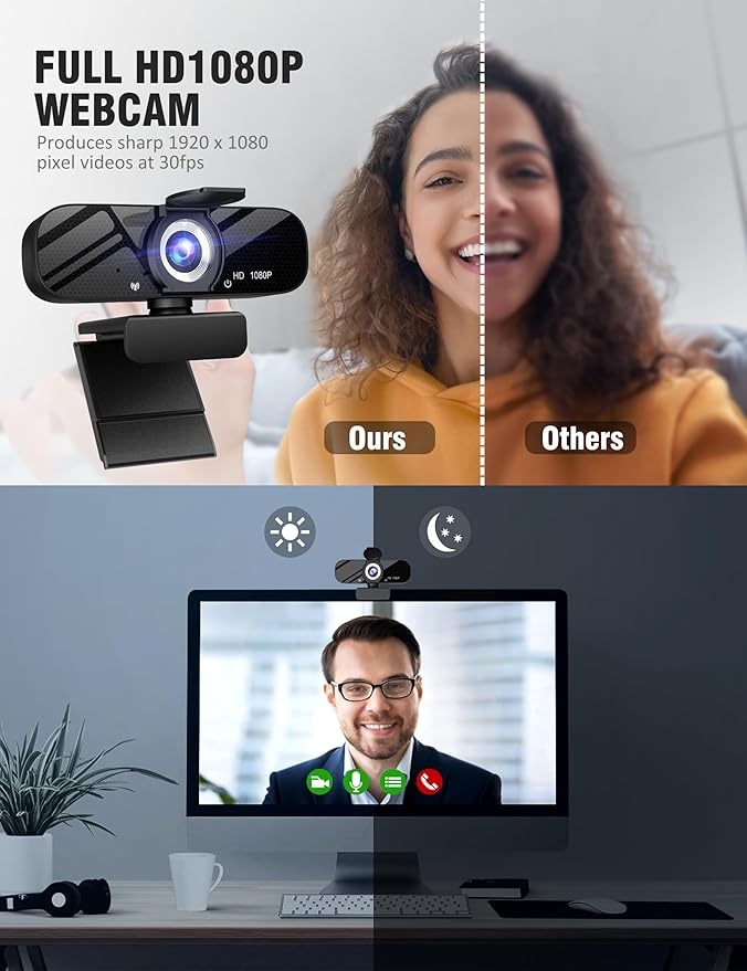 Full HD 1080P Webcam with Microphone, Wide Angle, Rotatable Tripod, Privacy Cover