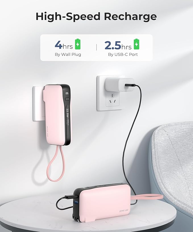 1 Pack Portable Charger with Built-in USB-C Cable & Plug, 10,000mAh 5V/4.5A Power Bank Fast Charging 22.5W, Travel Essential Battery Pack 3 Output for iPhone 16/15 Series, Samsung Galaxy, iPad
