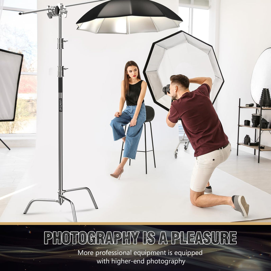 LOMTAP C Stand Light Stand Stainless Metal Photography Kit - Heavy Duty 6.8ft/210cm Vertical Pole, 2.8ft/87cm Boom Arm, Adjustable Base, Water Sandbag, 2 Grip Heads, 3 Clips for Softbox, Reflector
