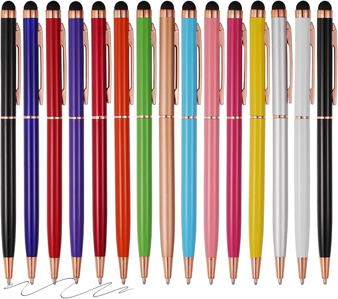 FIRCRE 15 Pack Stylus Pens for Touch Screens Stylus Pen Compatible with Phone Tablets Kindle and Black Ink Ballpoint Pens-2 in 1 Stylists Pens (8005 Rose Gold B)