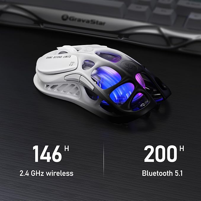 GravaStar Mercury M1 Pro Wireless Gaming Mouse, Lightweight Magnesium Alloy, 26,000 DPI, PAW3395DM Sensor, 5 Programmable Buttons, Support Wired/2.4GHz/BT, Up to 200 Hours Battery Life-Gradient Black