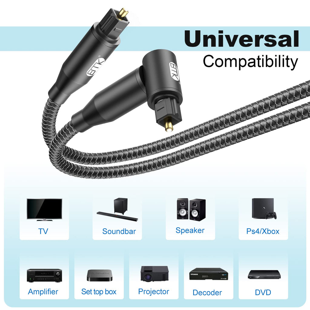 EMK 90 Degree Right Angle Optical Audio Cable [24ft/7.6M] - 360° Rotatable Digital Toslink SPDIF Cable for Soundbar to TV, Home Theater - Black Fiber Optic Cable with Angled Connector
