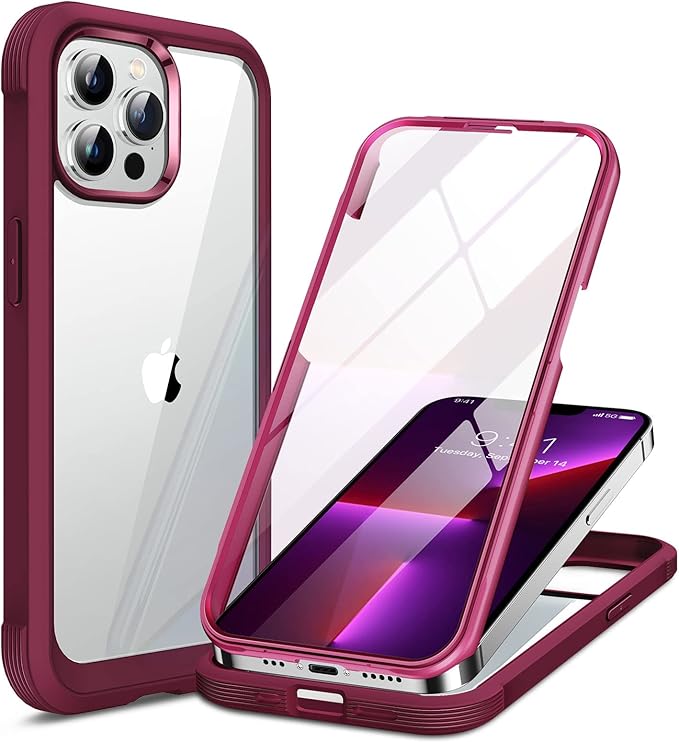 Miracase Glass Case for iPhone 13 Pro Max 6.7 inch, Upgrade Full-Body Clear Bumper Case with Built-in 9H Tempered Glass Screen Protector for iPhone 13 Pro Max, Claret Red