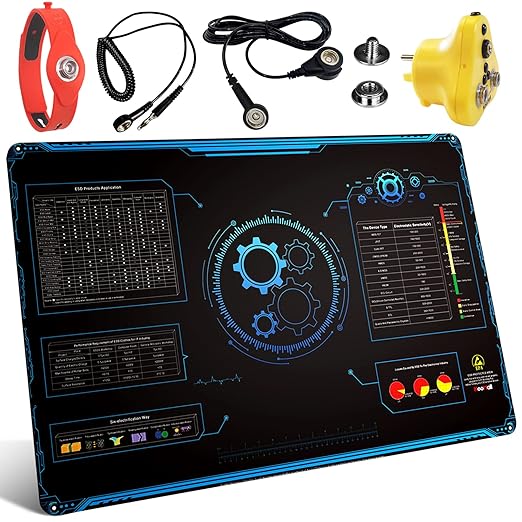 KooMall 36x24 Inch Anti Static Rubber Mat Kit for ESD Sensitive Electronic Device Repair, Soldering, PC Building, Assembly, Table Work, With Grounding Plug Cord, Antistatic Wrist Strap, Heat Resistant