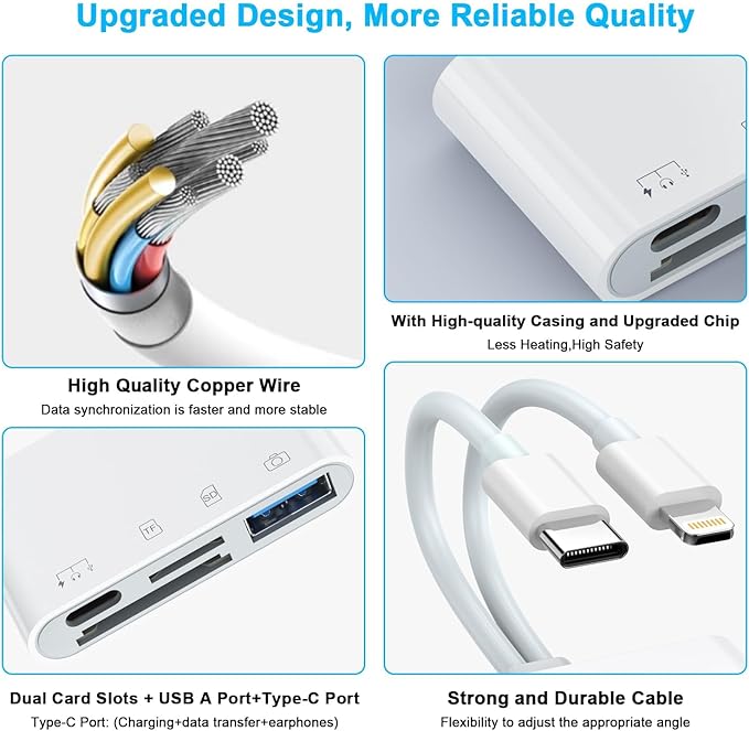 USB C Lightning SD TF Card Reader, 4-in-2 Memory Card Reader for iPhone 15/iPad/Mac/Laptop, Dual Connector Digital Camera Card Adapter with SD+TF+USB OTG+USB C Charging for Photography, Plug and Play