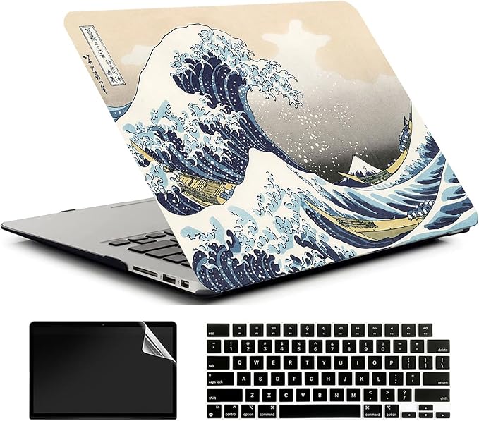 Compatible with MacBook Air 13 Inch Case 2017 2016 2015 2014 2013 2012 2011 2010 Release A1466/A1369, Plastic Hard Shell Case & Keyboard Cover & Screen Protector - Kanagawa Japan Wave