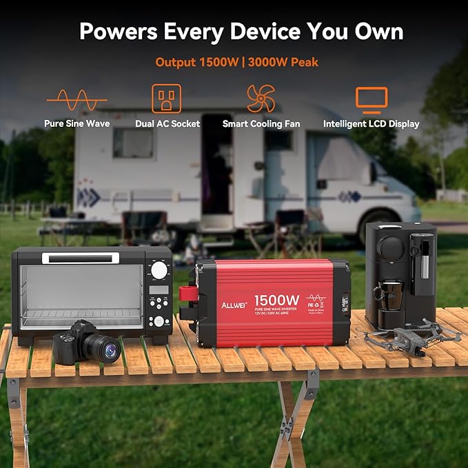 ALLWEI 1500W Pure Sine Wave Inverter 12V DC to 110V/120V AC Converter, Surge 3000W | Power Inverters Vehicles with 2 AC Outlets, RV Truck Boat Home Outdoor & Off-Grid Solar Inverter, Smart LCD Display