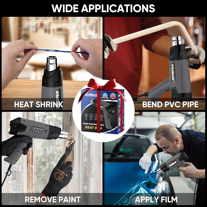 ROMECH 1500W Heavy Duty Heat Gun, Variable Temperature Control Hot Air Gun Kit with 2 Air Flow 120°F~1200°F and 4 Nozzles for Crafts Shrink Wrap (Gray)
