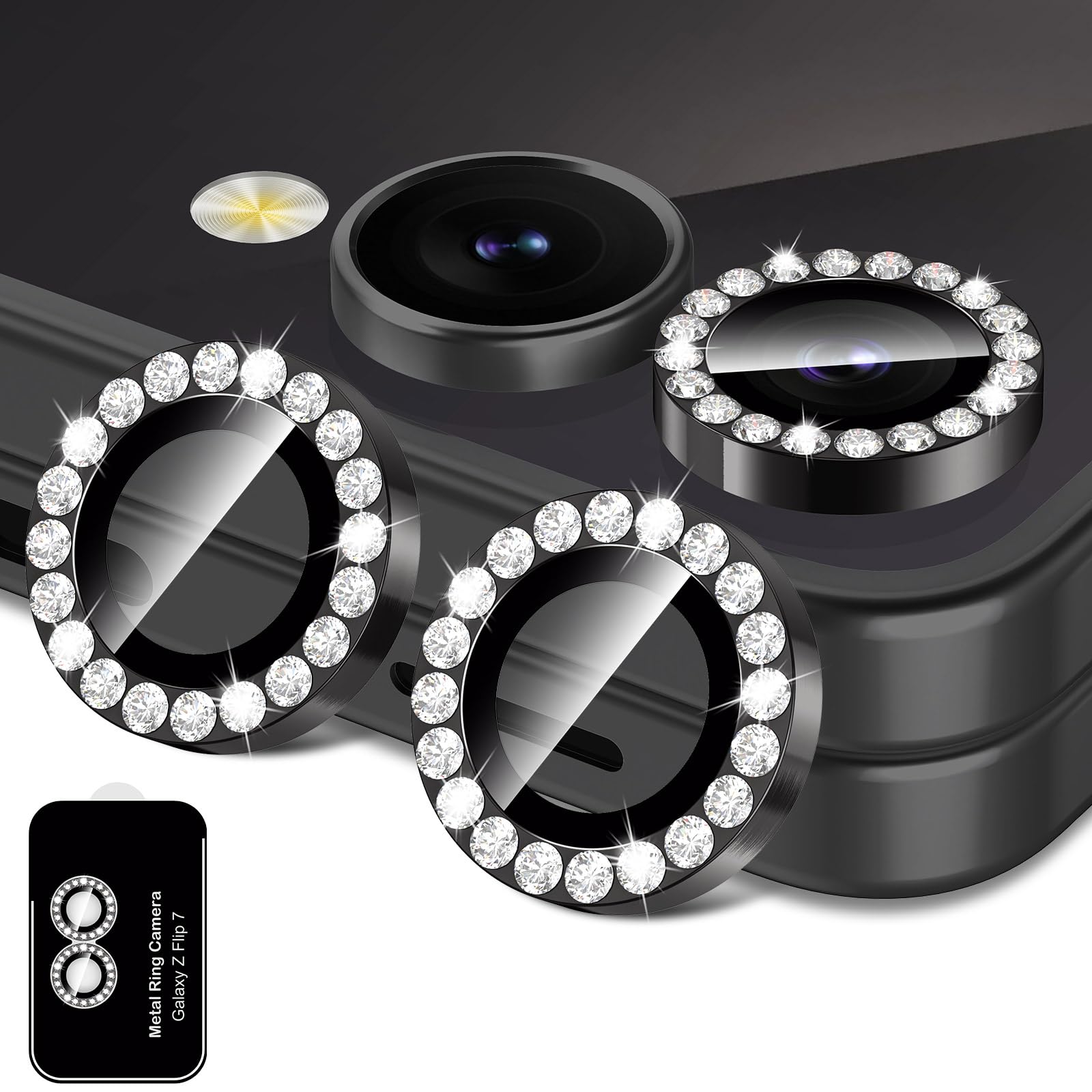 Avocase for Samsung Galaxy Z Flip 7 Camera Lens Protector, Individual Metal Ring Tempered Glass Lens Cover, [Strong Adsorption] Scratch Resistant Ultra-Thin HD Clear Lens Cover, 1 Set-Black Diamond