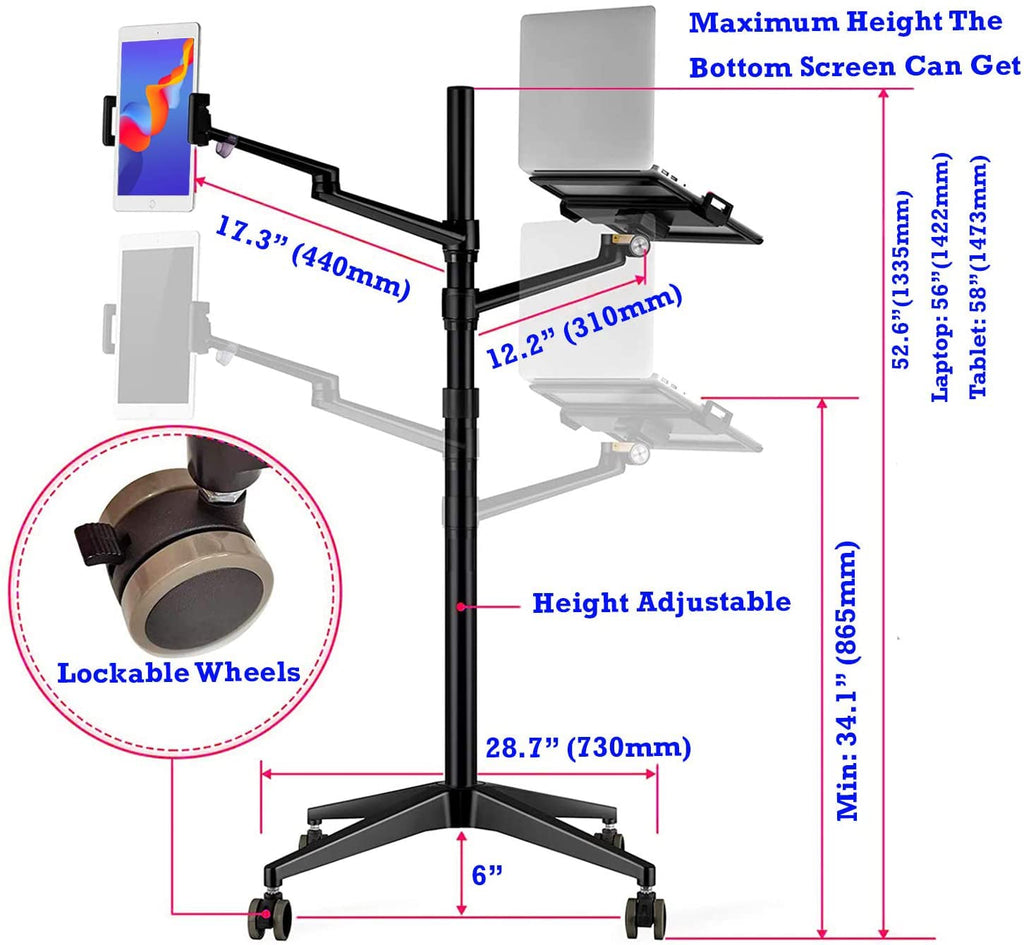 MagicHold Triple arm Height Adjustable Stand Mount with Rolling Wheel for Laptop(11-17 inch) and Compatible with ipad iPad pro 12.9 inch/Tablet/Ereader (Black)