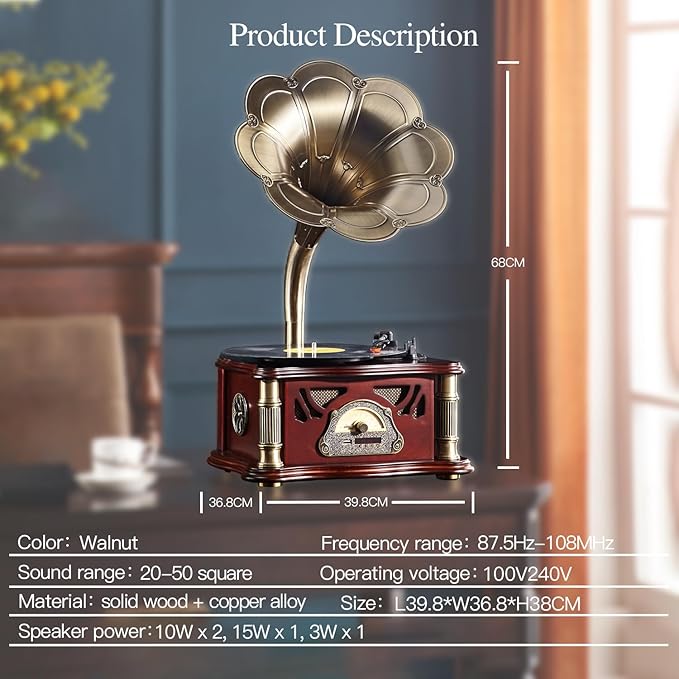 Vintage Gramophone with Bluetooth Output Vintage Record Players Retro Gramophone Turntables for 7" 9" 12" Vinyl Records 3 Speed, Hi-Fi, Handcrafted by Pure Oak (Dark Green)