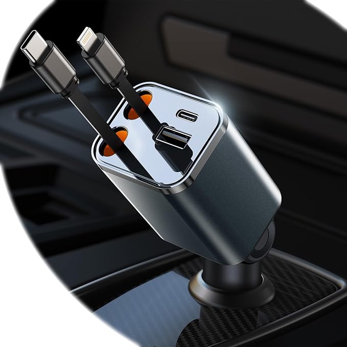 Mini Retractable Car Charger, 87W Car Accessories Adapter for iPhone 16 USB C Charger Fast Charging, Travel Essentials Gifts for Women Men, Road Trip Essentials for iPhone 16e 16 15 14 13 12