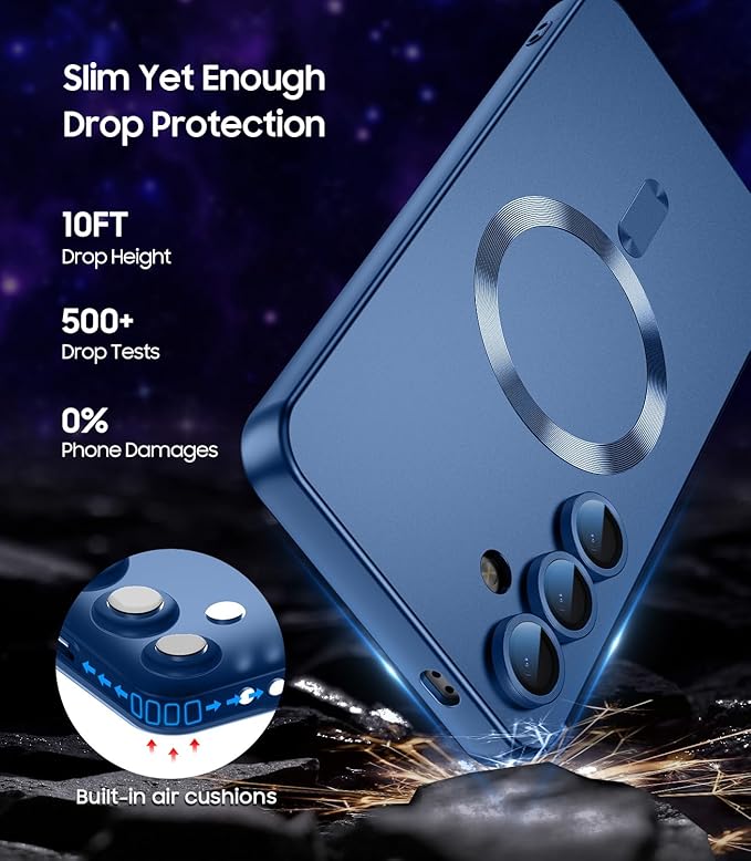 Magnetic for Samsung Galaxy S24 Case [Compatible with MagSafe][Built-in Camera Lens Protector] Slim Soft Silicone Bumper Shockproof Metallic Luster Phone Case (Blue)