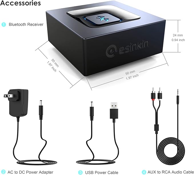 esinkin Bluetooth Audio Adapter for Music Streaming Sound System, Wireless Audio Adapter Works with Smartphones and Tablets, Bluetooth Receiver for Home Stereo