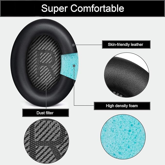 Ear Pads for Bose Quiet Comfort 35 Soft Protein Leather Replacement Earpads Ear Cushions Ear Pad for Bose QC 35/25 / 15 QC2 / Ae2 / Ae2i / Ae2W / Sound Link/Sound True (Black/Blue)