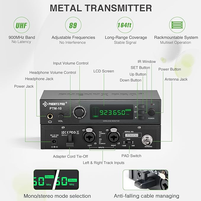 Phenyx Pro Wireless in-Ear Monitor System, Stereo IEM System with Rack Mount Kit, 89 Frequencies, 900MHz UHF Band, 164ft Range, Suitable for Stage & Studio (4 Bodypacks with Transmitter)