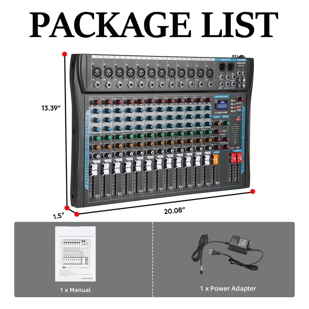 SIKUING 12 Channel Audio Interfacer Sound Board Mixer DJ Mixer 16-Bit DSP Effect USB Audio Mixer +48V Phantom Power Bluetooth Mixer for Karaoke Studio Streaming Recording,Live Streaming