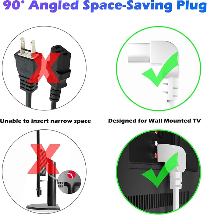 Adoreen 15 Ft Computer TV Replacement Power Cord White, 90 Degree Angled L-Shaped 18AWG 3-Prong AC Universal Power Supply Cable NEMA 5-15P to IEC 320 C13 for Printer, PC, Monitor TV LCD, ETL+Ties