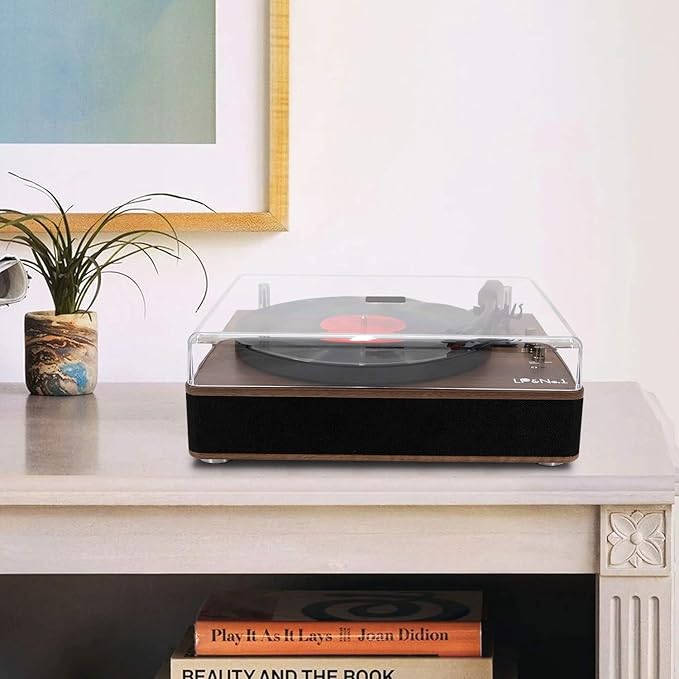 LP&No.1 Record Player with Stereo Speakers, 3-Speed Belt-Drive Turntable for Vinyl Records with Wireless Playback and Auto-Stop,Walnut Wood