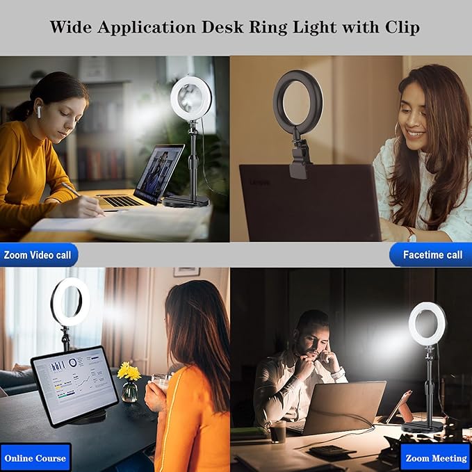 Desk Ring Light with Stand, Amcuke Ring Light with Clip 10W 3000K-6500K Dimmable Travel Desktop Light for Phone Selfie Laptop Zoom Video Makeup Vlog Tiktok Live Streaming
