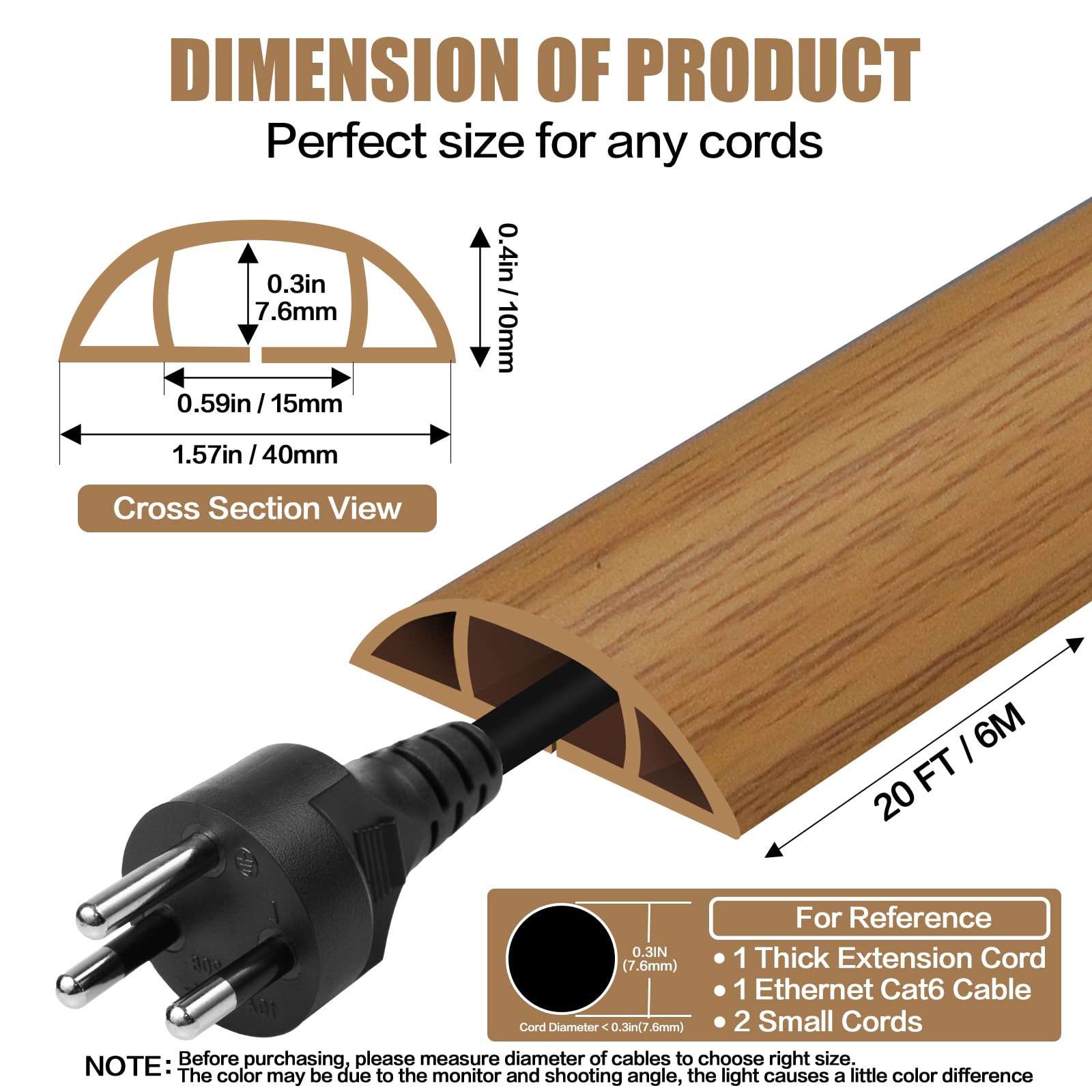 Floor Cord Cover Self Adhesive Cord Hider,20FT Cable Management, Extension Strip Protector for Wires, Prevent Cable Trips for Offices, Gyms, Exhibitions Cavity:0.51"(W) x 0.3"(H) Brown Wood