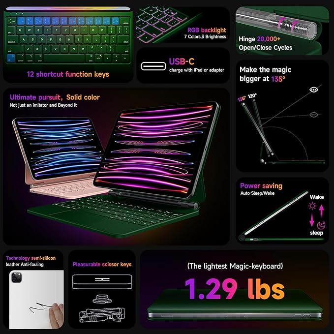 HOU Keyboard Case for iPad Air 11 inch 2025 (M3)/2024 (M2)&iPad Pro 11 Inch(4th/3rd/2nd/1st) Gen 2022,iPad Air 5th&4th Generation Case with Keyboard,Magic-Stand, Multi-Touch Trackpad,Backlight,Green