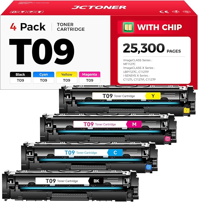 T09 Toner Cartridge Set 4-Pack with chip High Yield Replacement for Canon T09 T09L 3020C005AA 3019C005AA 3018C005AA 3017C005AA for Color imageCLASS MF1127C X LBP1127C C1127i C1127iF C1127P Printer Ink