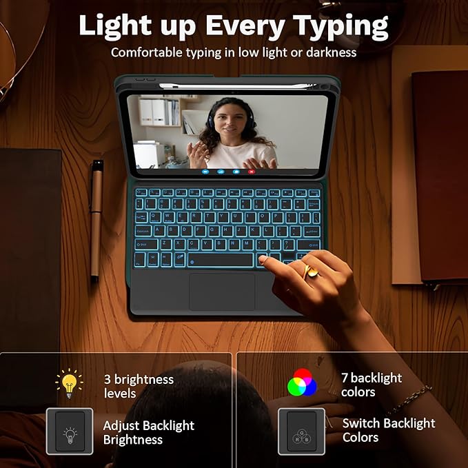 MoKo Touch Keyboard Case for iPad (A16) 11th Generation 11 inch 2025,iPad 10th Generation 10.9 inch Case with Pencil Holder,7 Colors Backlit Multi-TrackPad Detachable Bluetooth Keyboard,Midnight Green