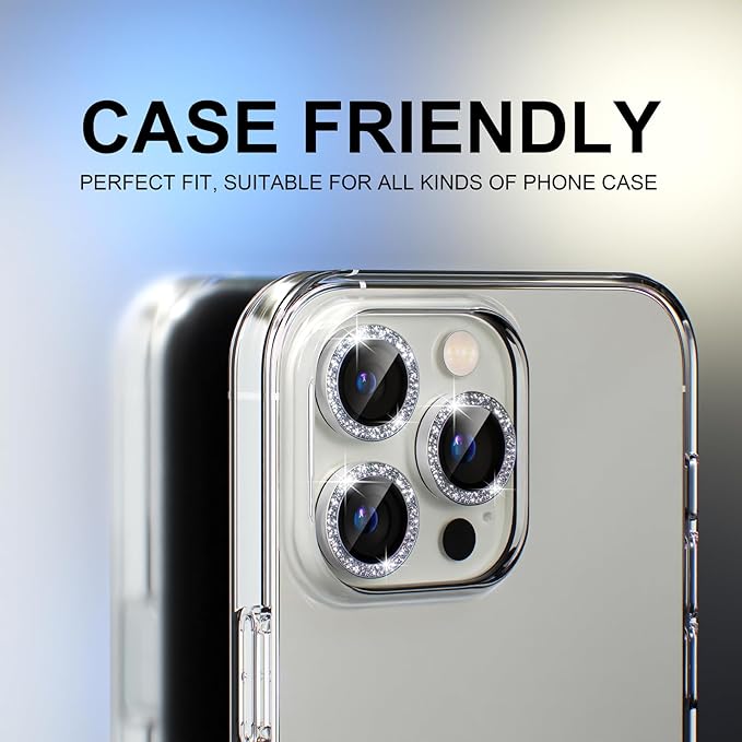 Choiche [3+1 for iPhone 13 Pro/iPhone 13 Pro Max Camera Lens Protector Bling, 9H Tempered Glass Camera Cover Screen Protector Metal Ring Decoration Accessories (Glitter-Silver)