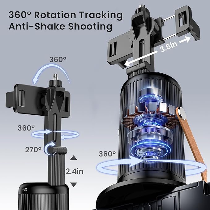 P08 Auto Face Tracking Phone Holder, No APP, 360°Rotation Phone Tracking Gimbal with Detachable Remote & 2 Fill Light, Phone Stand Gesture Control for Vlogging, Live Streaming, Video Recording