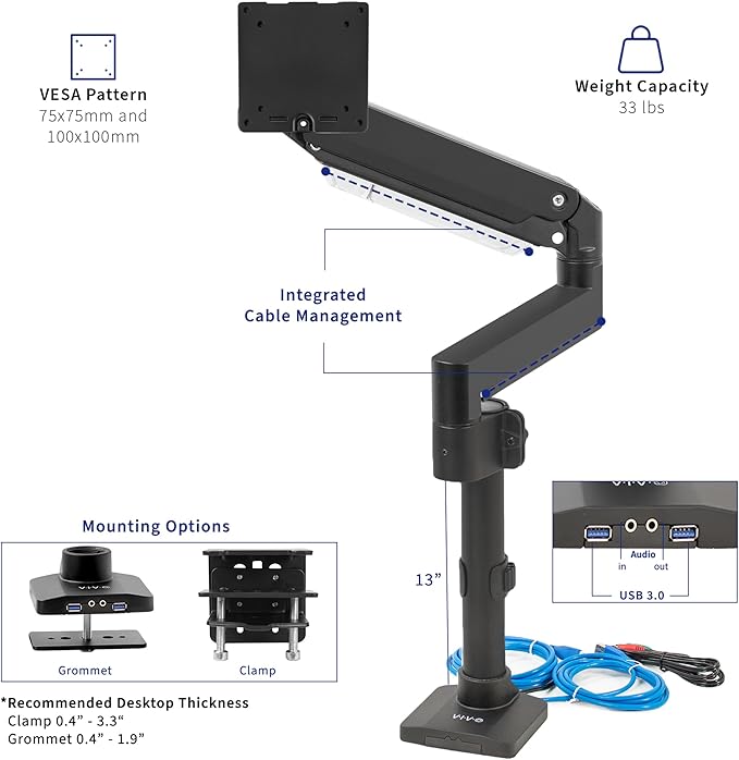 VIVO Premium Aluminum Tall Extended Monitor Arm for Ultrawide Monitors up to 49 inches and 33 lbs, USB Single Desk Mount Stand, Pneumatic Height Adjust, Max VESA 100x100, Black, STAND-V101GTU