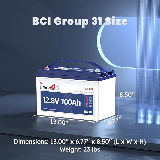 12V 100Ah Pro LiFePO4 Battery, Grade A Battery Cells, 4 Pack Group 31 Deep Cycle Lithium Battery, Built-in 100A BMS,10-Year Lifetime, Perfect for RV, Solar Home System and Off-grid Application