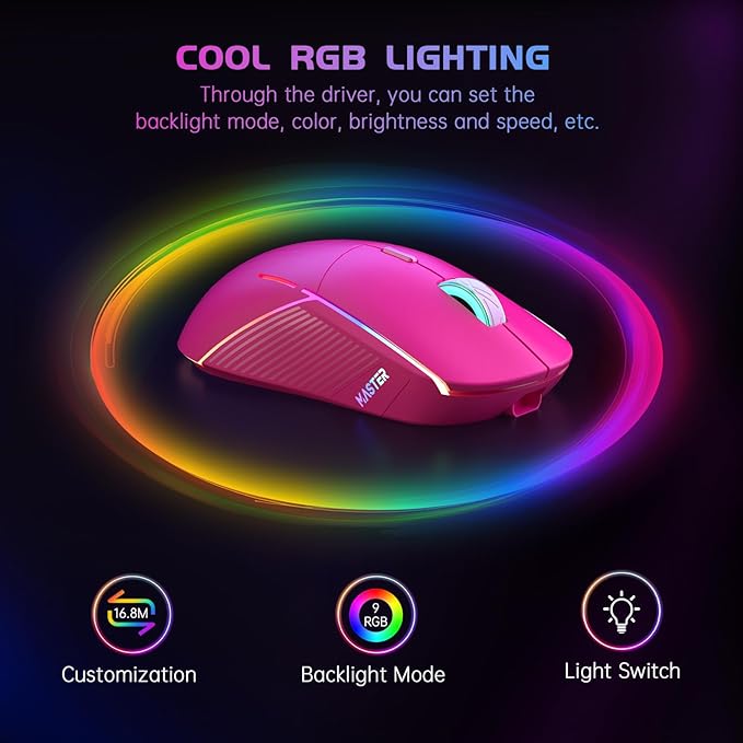 FFJ Wireless Gaming Mouse, 24000 DPI, Tri-Mode 2.4G/USB-C/Bluetooth 5.3 Gaming Mouse Wireless, RGB Programmable Mouse Gamer, 75Hrs Battery Life, Rechargeable Gaming Mice for PC, Mac, PS5, Xbox-Magenta