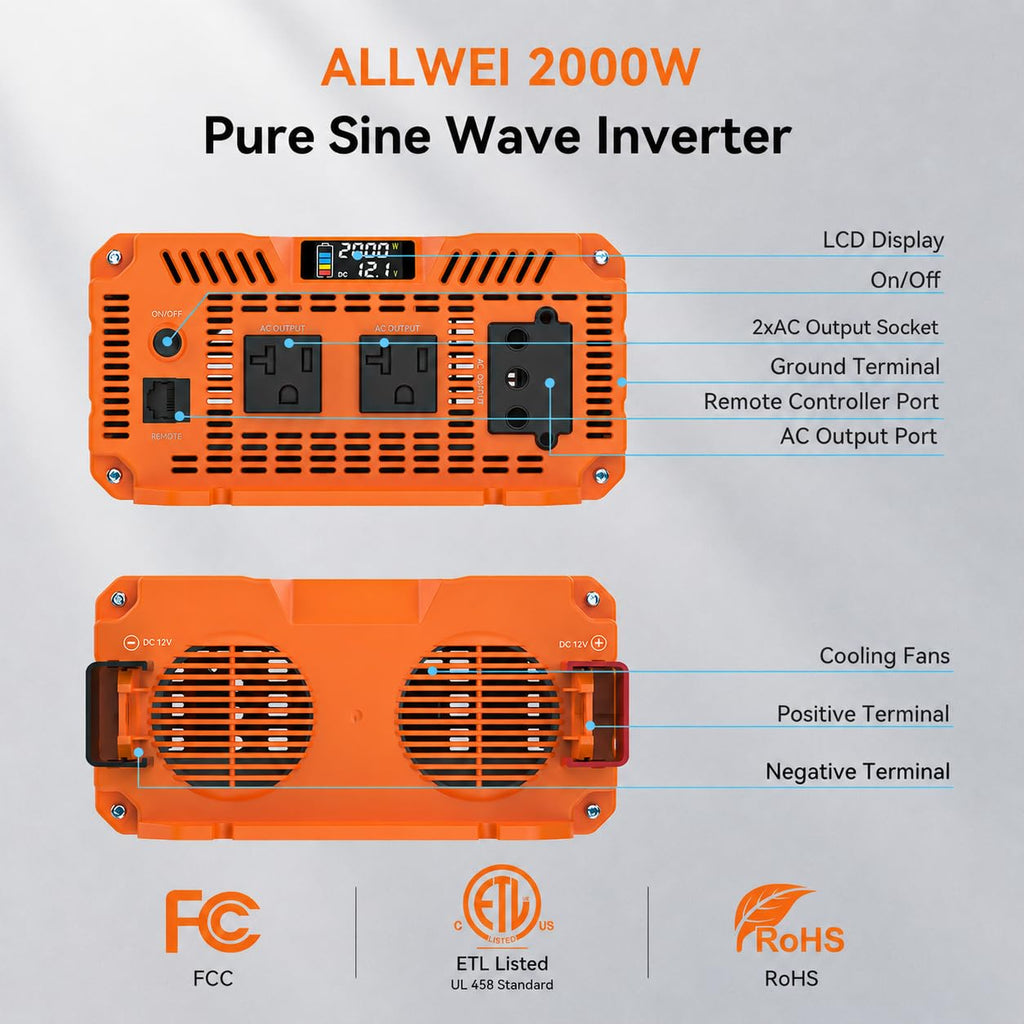 ALLWEI 2000W Pure Sine Wave Inverter 12V DC to 120V AC Converter, Surge 4000W, 20A Sockets, Hardwire Port, Power Inverters for Vehicles, RV Truck Home Solar & Off-Grid Inverter, Remote Controller
