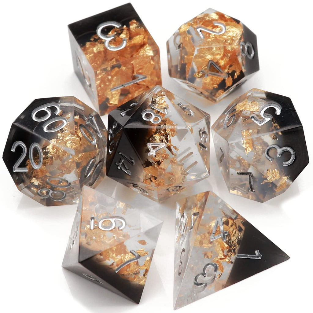Haxtec DND Dice Set Black Sharp Edge Resin Dice Gold Flakes with Dice Case Black White Gold D&D Dice for RPG Role Playing Games Compatible with Dungeons and Dragons Gift War Series