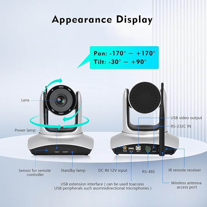 TOALLIN Wireless PTZ Conference Room Camera, 3X Optical Zoom Streaming Camera, 1080P Full HD Wireless Webcam for Video Conferencing/Live Streaming/Church Services Worship/Online Education