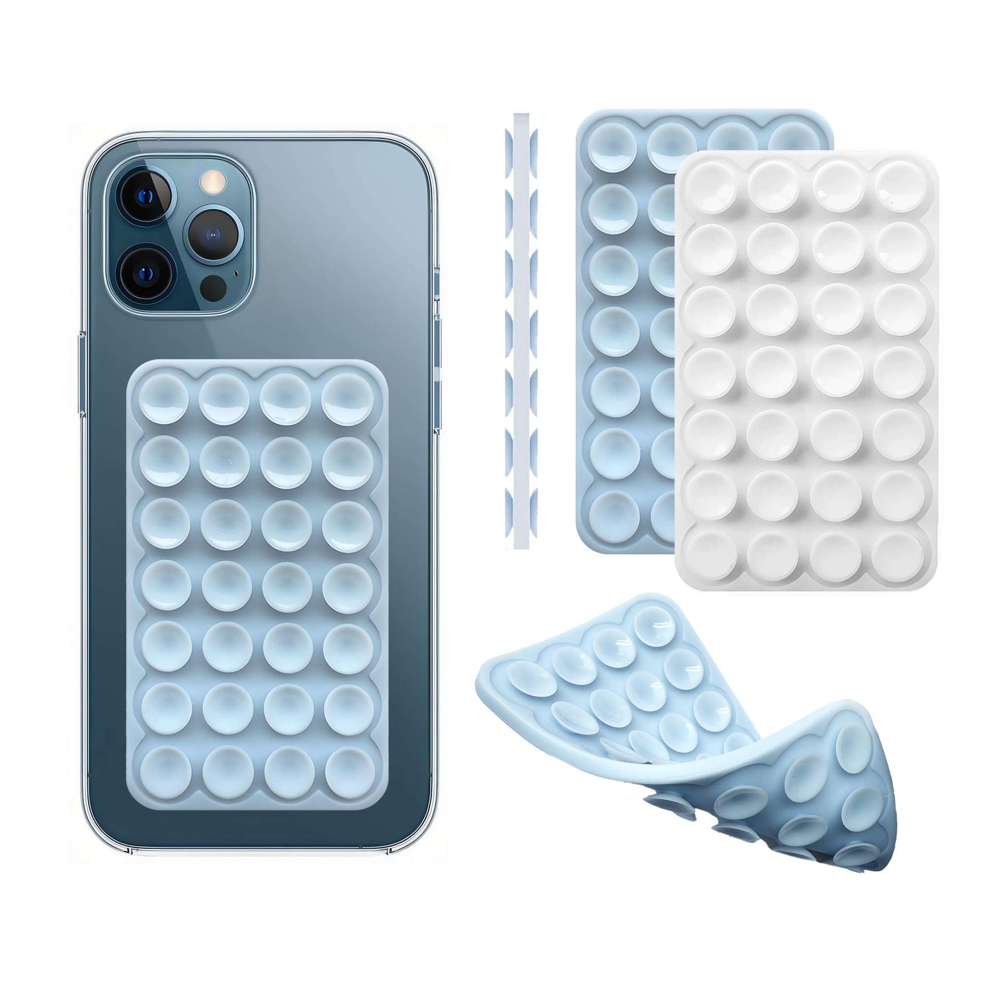 Silicone Double-Sided Suction Phone Case Detachable Mount, Fidget Sticky Grip Phone Accessories, Teen Girl Gifts Trendy Stuff, Hands-Free Stand for ASMR/TikTok/Gym Creators (Small, White+BabyBlue)