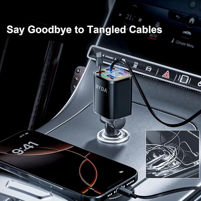 Retractable Car Charger, 4 in 1 Fast Charging USB-C & USB-A Compatible with iPhone 16/15/14/13/12/11 Pro Max, 69W Fast Car-Charger Cigarette Lighter Adapter for Galaxy, Pixel (Light-ning+USB-C) Black