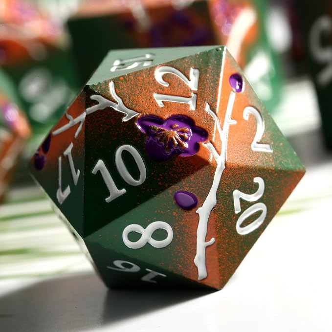 DNDND Metal Dice, 7 PCS Metallic Flowers D&D Dice with Gorgeous Gift Case for DND Dungeons and Dragon Tabletop Game (Army Green and Orange)