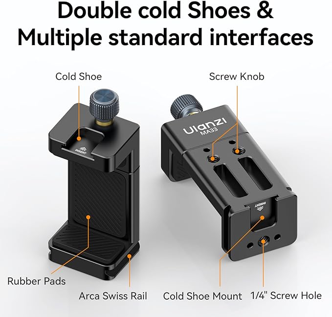 ULANZI MA33 Metal Phone Tripod Mount with Arca Port & 2 Cold Shoes, 360° Adjustable Smartphone Tripod Adapter Cell Phone Stand Holder Phone Clamp Suitable for iPhone 15 pro/14/13/12/Samsung
