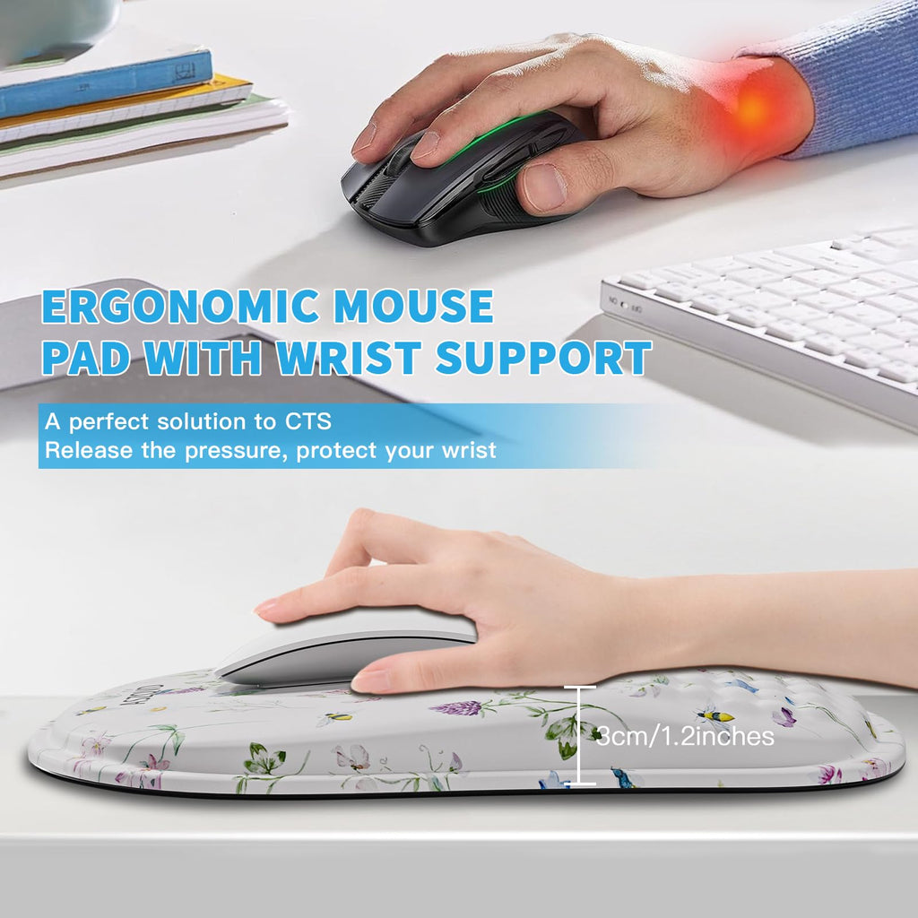 Aszqvd Mouse Pad with Wrist Rest, Ergonomic Mousepads with Wrist Support, Soft Lycra Fabric Memory Foam Office Desk Accessories for Comfort/Pain Relief/PC Gaming/Computer/Laptop (White Wild Plant)