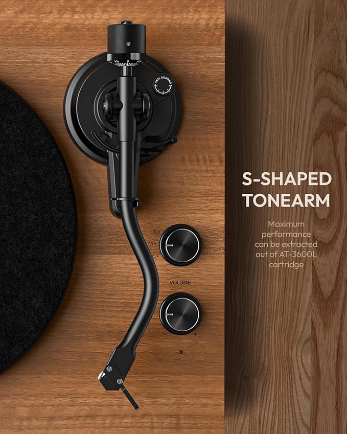 SoulBox S1 Vinyl Record Player with Stereo Speakers, Turntable with Built-in Preamp, S-Shaped Tonearm, 33/45 RPM - Walnut
