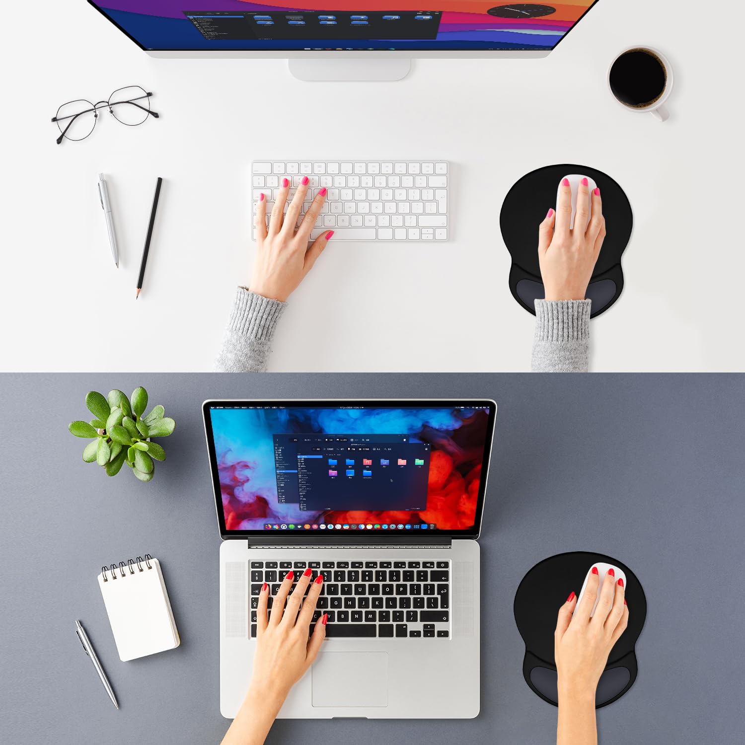 ITNRSIIET Ergonomic Mouse Pad with Comfort Gel Wrist Rest, Non-Slip PU Base, Smooth Textured Surface, Reduces Hand Fatigue & Wrist Pain, 8.7 x 7.2 Inch for Office Gaming Home, Black Gray Gradient