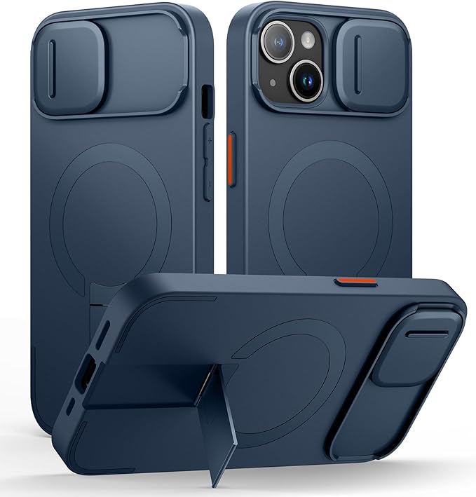 SURITCH for iPhone 15 Case with Magnetic Camera Slide Cover and Adjustable Kickstand, Compatible with MagSafe, Shockproof Bumper Case Slim Protective Cover 6.1 Inch, Blue