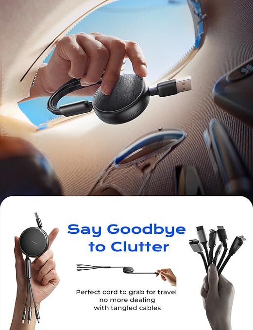 LISEN Multi Charging Cable, 3 in 1 Charging Cable, Retractable Car Charger with Type C/L/Micro USB Ports for iPhone 16 15 14 Pro Max/Samsung Galaxy S25/PS/Kindle, Multi Chargers for All Devices