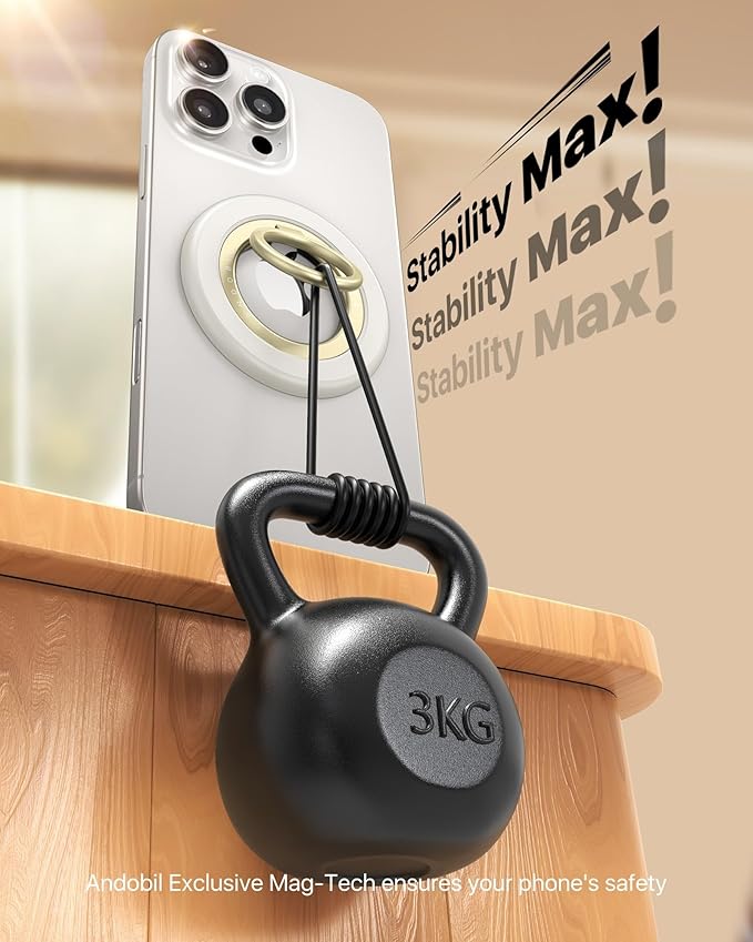 andobil [2025 Upgraded] Double-sided Magnetic Phone Grip for MagSafe [Sability Max] Strong Magnetic Phone Ring Holder Compatible with MagSafe Accessories, iPhone 16 Plus 15 14 13 12 Pro Max Mini White