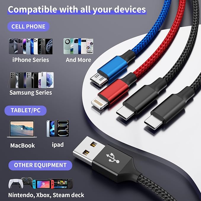 Travel Essentials, Dual Type-C 4 in 1 Multi Charging Cable for Multiple Devices, USB Cables Universal Phone Charger Cord with IP/Micro/2 USB-C Port for iPhone16/15/14, Android Tablet Pad, 2Pack 5FT